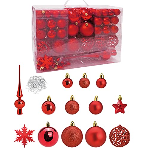 WOMA Christbaumkugeln Set in 19 weihnachtlichen Farben - 111er Set Weihnachtskugeln Rot aus Kunststoff + Baumspitze - Gold, Silber, Rot & Kupfer UVM - Weihnachtsbaum Deko & Christbaumschmuck