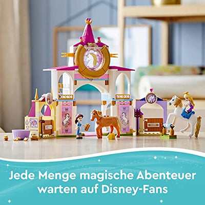 LEGO 43195 Disney Princess Belles und Rapunzels königliche Ställe, Bauspielzeug für Kinder ab 5 Jahren mit Pferd- und Minipuppen-Figuren