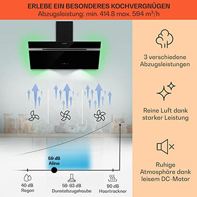 Klarstein Alina Smart Dunstabzugshaube, Abzugshaube für Küchen, Dunstabzugshaube mit Filter, Dunstabzug mit 594 m³/h Luftstrom, Wi-Fi-Steuerung, LED Beleuchtung, Dunstabzugshaube 90cm, Umluft