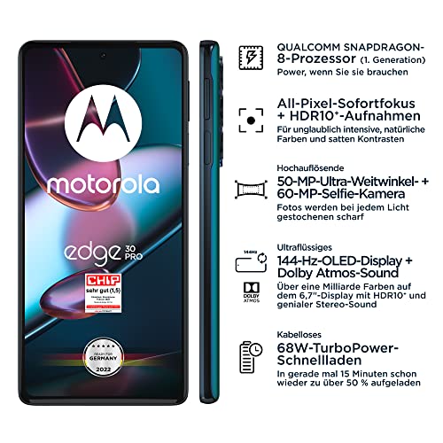 Motorola edge30 pro Smartphone (6,7"-FHD+-Display, 50-MP-Kamera, 12/256 GB, 4800 mAh, Android 12), Cosmos Blue, inkl. Schutzcover + KFZ-Adapter [Exklusiv bei Amazon]