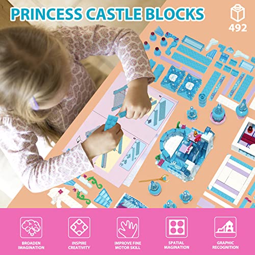 MOONTOY Mädchen Friends Schloss Bausteine Spielzeug, 492 Stück Blau STEM Bauklötze Friends Mädchen Prinzessin Frozen Schloss Bausteine ab 5 6 7 8 9 10 11 12 Jahre Kreative Geschenke für Kinder