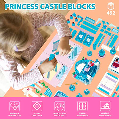 MOONTOY Mädchen Friends Schloss Bausteine Spielzeug, 492 Stück Blau STEM Bauklötze Friends Mädchen Prinzessin Frozen Schloss Bausteine ab 5 6 7 8 9 10 11 12 Jahre Kreative Geschenke für Kinder