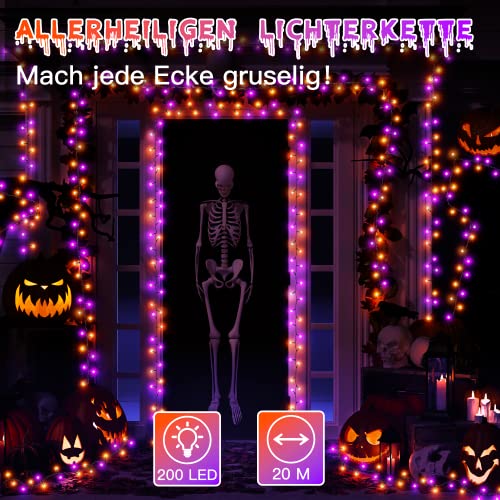 Halloween Deko Lichterkette-Ollny 20M 200LEDs Lichterkette Außen Strom Orange Lila-8 Modi Wasserdicht Halloween Lichterketten mit Stecker für Aussen Innen