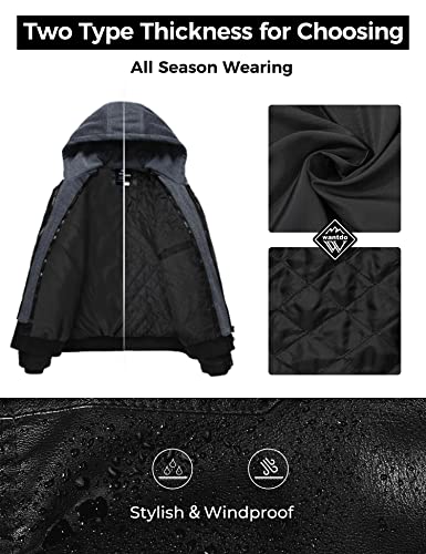 Wantdo Herren Jacke Winter Warm Jacke Lederjacke Gefuettert Winter Kunstleder Jacke Schwarz-Verdicken S