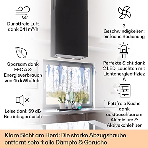 Klarstein Structura - Inselabzugshaube, EEK: A, Abluft/Umluft, 3 Stufen, Luftumwälzung: 641 m³/h max, 41 x 35,5 cm, LED-Beleuchtung, optionale Ausstattung mit Aktivkohlefiltern, Edelstahl, schwarz