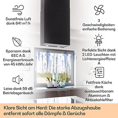 Klarstein Structura - Inselabzugshaube, EEK: A, Abluft/Umluft, 3 Stufen, Luftumwälzung: 641 m³/h max, 41 x 35,5 cm, LED-Beleuchtung, optionale Ausstattung mit Aktivkohlefiltern, Edelstahl, schwarz