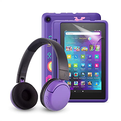 Fire 7 Kids Pro-Tablet (kindgerechte Hülle mit „Graffiti-Design“-Design) + BuddyPhones PopTime-Bluetooth-Headset (violett, Altersklasse: 8-15 Jahre) + NuPro-Displayschutzfolie (2er-Pack)