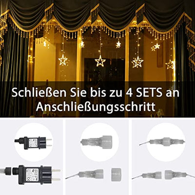 12 Sterne LED Lichterkette, Lichtervorhang weihnachtslichter Sternenvorhang 138 LEDs 8 Modi Für Innen Außen, Weihnachten, Party, Deko, Hochzeit, Garten, Balkon