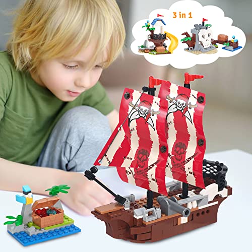 COGO Creator 3in1 Piratenschiff-Bausteine, Piraten-Baumhaus, Totenkopfinsel, Piraten-Abenteuer-Spielset, Creatives Spielzeug, für Kinder ab 6 Jahren, 260 Teile