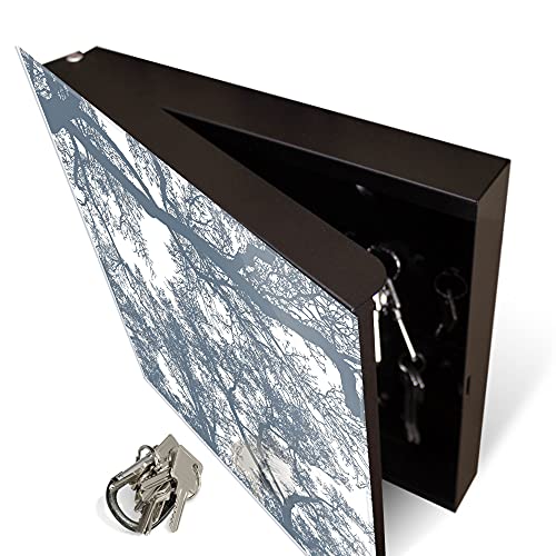 banjado® Großer Schlüsselkasten aus Glas - Schlüsselbox 30x30cm mit 50 Haken - Motiv Zwischen Bäumen 7 - Schlüsselschrank für Schlüsselaufbewahrung mit beschreibbarer Glastür als Magnettafel nutzbar