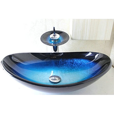 HomeLava Modern Hartglas-Waschbecken Set Glas Oval Blau Schwarz mit Wasserfall-Wasserhahn, Abfluss und Montagering