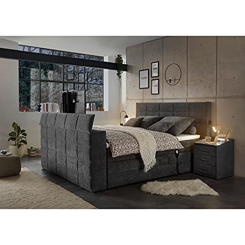 DENVER 6 Boxspringbett 180x200 elektrisch verstellbar, Anthrazit - Bequemes Doppelbett mit motorisierter TV-Halterung - 202 x 123 x 240 cm (B/H/T)