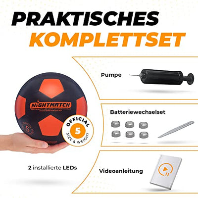 NIGHTMATCH LED Leuchtfußball - Offizielle Größe 5 - Komplettset - 2 Sensor aktivierte LED's für Spaß im Dunkeln - Ideal für Klein & Groß - Leuchtfussball, Leuchtball Kinder, Fussball (Schwarz/Orange)