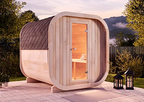 FinnTherm Fasssauna aus Holz ScandiCube Comfort, Outdoor-Sauna modern, Außensauna Garten mit 42 mm Wandstärke, Saunahaus 204 x 225 x 212 cm, naturbehandelt oder Thermoholz