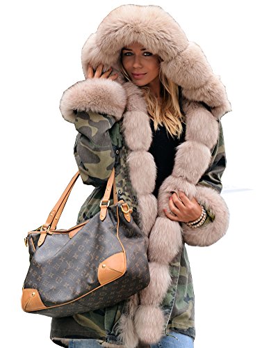 Aox Frauen Mode Kunstpelz Kapuze Tarnung Militär Loose Plus Size Wintermantel Outdoor Parka Anoraks (38-40, Grüne Tarnung 7009)