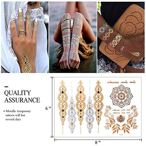 Flash Tattoos, Temporäre Klebe-Tattoos 16 Blätter Metallic Flash tattoos in Gold, Silber & Schwarz Temporäre Tätowierung Wasserdichte, Das perfekte Festival & Party Accessoire.