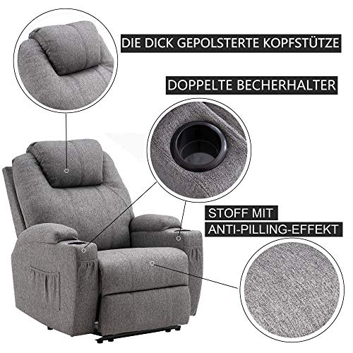 M MCombo Elektrisch Relaxsessel Massagesessel Fernsehsessel Liegefunktion Vibration Heizung 7061 neues Modell (Grau-Stoff)