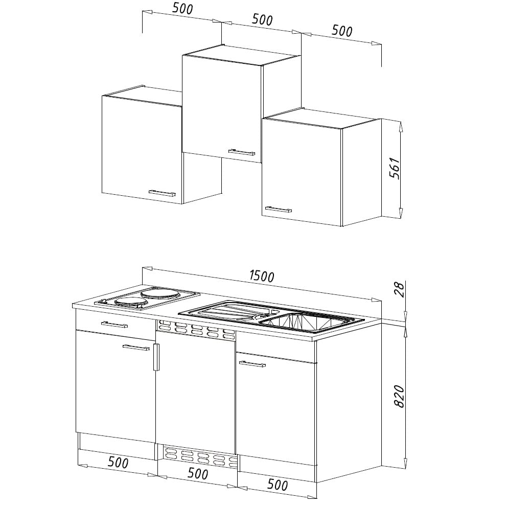 respekta Einbau Mini Single Küche Küchenblock 150cm Eiche York Nachbildung Grau