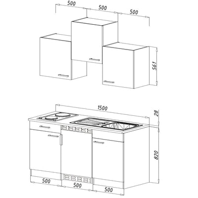 respekta Einbau Mini Single Küche Küchenblock 150cm Eiche York Nachbildung Grau