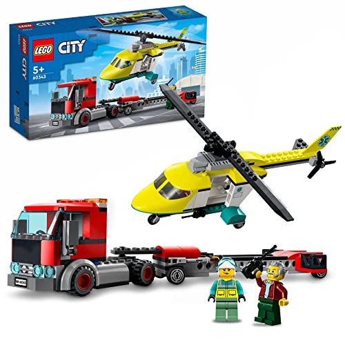 LEGO 60343 City Hubschrauber Transporter, Spielzeug ab 5 Jahren mit LKW, Rettungshubschrauber und Minifiguren, Geschenkidee für Jungen und Mädchen