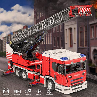 iVansa Technik Feuerwehrauto Modell, 17022, 4886 Teile 2.4G/APP Technik Feuerwehrleiter LKW Modell mit 8 Motoren und Fernbedienung Bausatz Kompatibel mit Lego