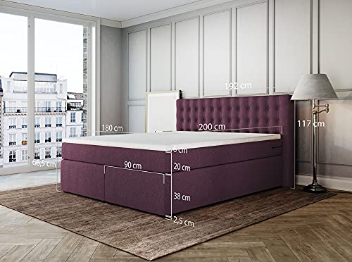 Betten Jumbo King Boxspringbett 180x200 cm 7-Zonen TFK Härtegrad H4 und Visco-Topper | Farbe: Aubergine | versch. Größen verfügbar