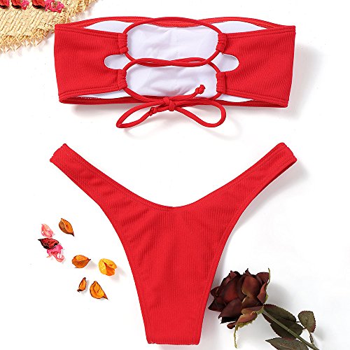 ZAFUL Damen High Cut Bandeau Bikini Set Trägerlos Gerippt Bikinis Bademode(Rot M)