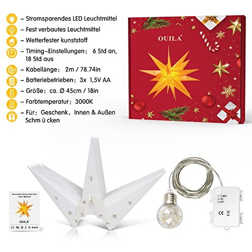 Weihnachtsstern 3D Leuchtstern, OUILA Φ45cm LED Beleuchtet Weihnachtsstern Batteriebetrieben mit Timer für Weihnachtsdeko Außen Innen Dekorative Leuchten Weihnachtsgeschenk Christbaumschmuck 3000K