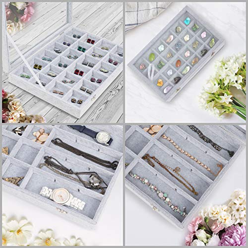 Belle Vous Jewelry Organizer Schmuckkasten Grau, Samt Box Glas Deckel & 24 Fächer – Schmuckaufbewahrung Stapelbar Schmuckschatulle Schubladen Verstellbar für Ringe, Ketten, Armband, Ohrringe, Uhren