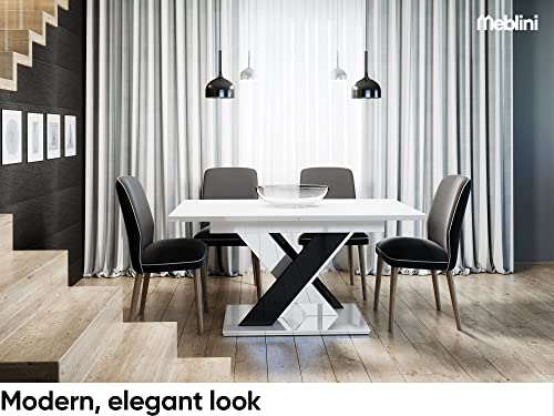 MEBLINI Esstisch Ausziehbar - Esszimmertisch Modern - Küchentisch - Säulentisch - Ausziehtisch - Dining Table - Esszimmertische - 140-180x80x75cm - Bronx - Weiß Hochglanz/Schwarz Hochglanz