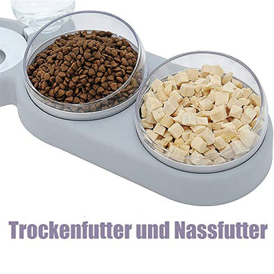 Katzennapf-Set 15° Neigbar Doppelter Futternapf für Nass- Trockenfutter, mit Automatischer Wasserflasche, für Kleine und Mittelgroße Hunde und Katzen