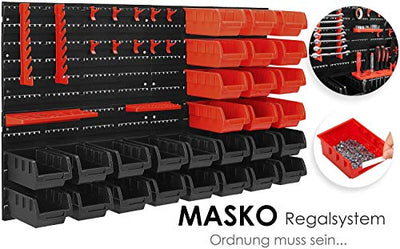 MASKO® Wandregal + Stapelboxen + Werkzeughalter | 45 tlg Box | Erweiterbar | Werkstattregal Lagerregal Steckregal Set Box | Sichtlagerkästen | Kleinteilemagazin | Sortimentskasten | Werkstatt |