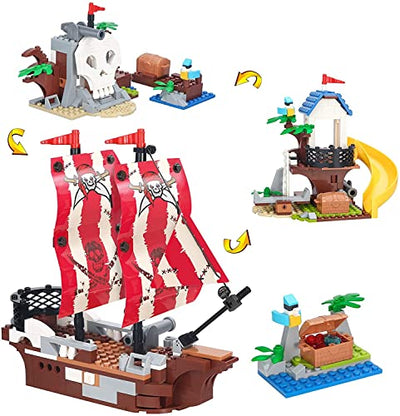 COGO Creator 3in1 Piratenschiff-Bausteine, Piraten-Baumhaus, Totenkopfinsel, Piraten-Abenteuer-Spielset, Creatives Spielzeug, für Kinder ab 6 Jahren, 260 Teile