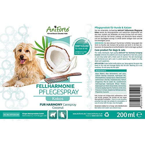 AniForte Fellharmonie Pflegespray Kokos Entfilzungsspray Katzen & Hunde 200ml - Sanfte Pflege für Fell & Haut, Fellspray, Fellpflege Spray für glänzendes Fell, Entfilzung, Kämmhilfe & Entwirrungsspray