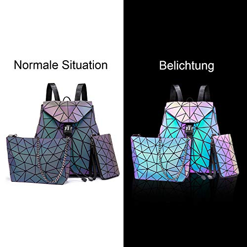 LOVEVOOK Geometrischer Rucksack Set Damen, Holographic Reflektierende Damenrucksack Leuchtend Tasche Daypack, 3pcs Backpack Umhängetasche Geldbörse, für Schule Uni Reise Party