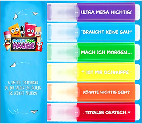 6x Lustige Textmarker - das frech bunte Marker Set zum lernen u. markieren ist die Geschenk-Idee für alle Studenten Schüler Lehrer und Büro Kollegen - die Highlighter Stifte sind das Bürozubehör