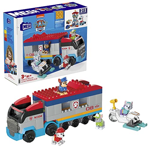 MEGA HJN73 - Paw Patrol Bauset, Paw Patroller mit Figuren von Chase, Marshall, Rocky und Everest sowie 76 großen Bausteinen und Teilen, Spielzeug-Geschenkset für Kinder ab 3 Jahren