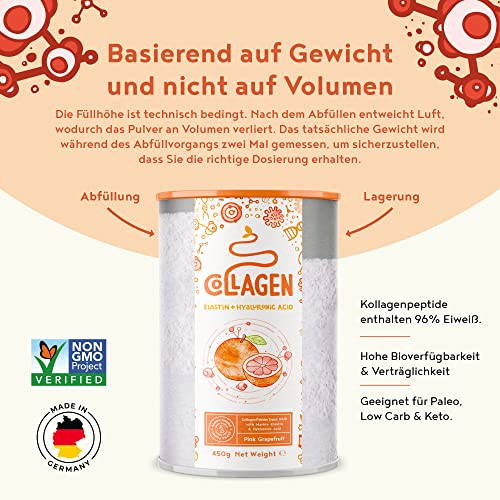 Collagen mit Elastin und Hyaluronsäure - Kollagen Hydrolysat Peptide Type I, II und III - Pink Grapefruit - 450 Gramm Pulver