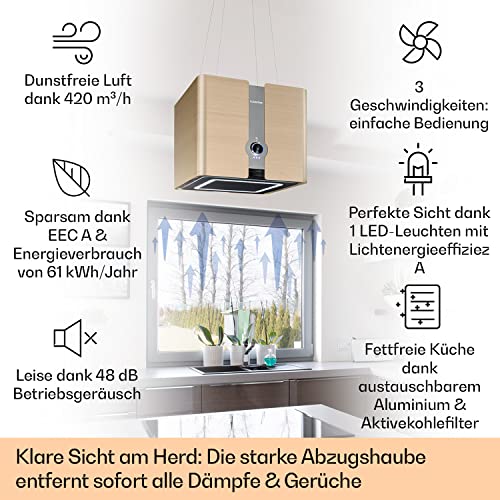 Klarstein Futurelight Smart Dunstabzugshaube freihängend - Abzugshaube Umluft mit 420m³/h Abluftleistung, Inselhaube Umluft mit LED-Beleuchtung, Edelstahl, gold