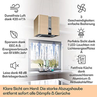 Klarstein Futurelight Smart Dunstabzugshaube freihängend - Abzugshaube Umluft mit 420m³/h Abluftleistung, Inselhaube Umluft mit LED-Beleuchtung, Edelstahl, gold