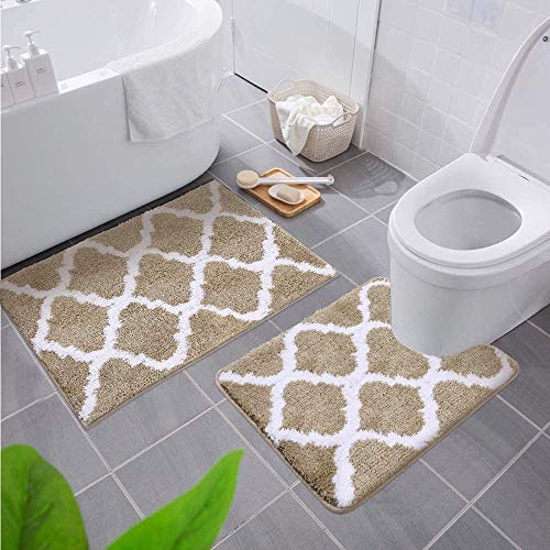 Homaxy rutschfest Badematten Set 2 teilig Weich Hochflor Bad WC Teppich Set Mikrofaser Badvorleger Set 2teilig -Beige