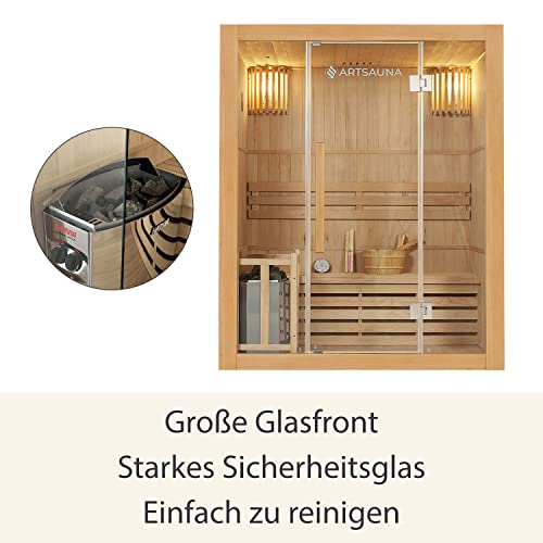 Artsauna Saunakabine Tampere mit 4,5 KW Ofen — Sauna 150 x 110 x 190 cm mit Glasfront, LED-Beleuchtung, Thermometer & Sanduhr — Kabine aus Hemlockholz