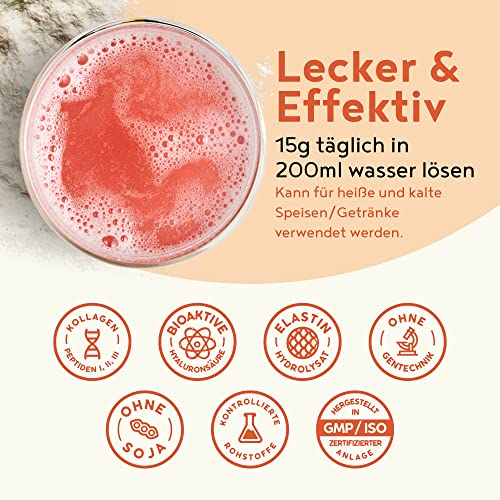 Collagen mit Elastin und Hyaluronsäure - Kollagen Hydrolysat Peptide Type I, II und III - Pink Grapefruit - 450 Gramm Pulver