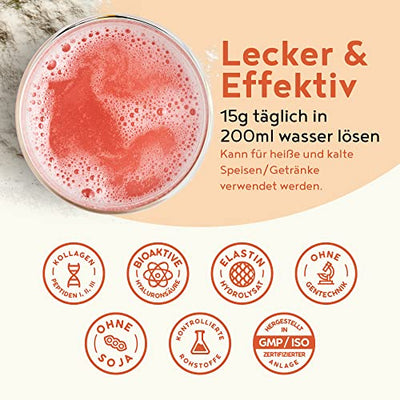 Collagen mit Elastin und Hyaluronsäure - Kollagen Hydrolysat Peptide Type I, II und III - Pink Grapefruit - 450 Gramm Pulver