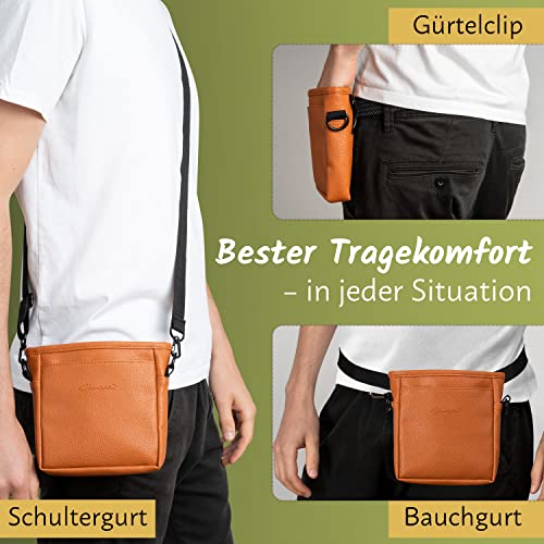 Heimatpfoten® Futterbeutel für Hunde aus Leder-Imitat - Gassi-Tasche mit Einhand Magnet-Verschluss - Hunde-Leckerli-Beutel - Zwei Kammern - Futtertasche Training Welpen-Erziehung Braun