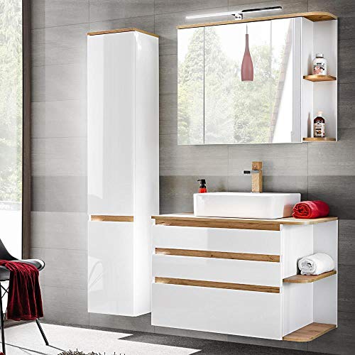 Lomadox Badmöbel Set Hochglanz weiß mit Eiche, Waschtisch-Unterschrank mit Keramik-Waschbecken, LED-Spiegelschrank & Hochschrank