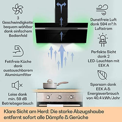 Klarstein Alina Smart Dunstabzugshaube, Abzugshaube für Küchen, Dunstabzugshaube mit Filter, Dunstabzug mit 594 m³/h Luftstrom, Wi-Fi-Steuerung, LED Beleuchtung, Dunstabzugshaube 90cm, Umluft