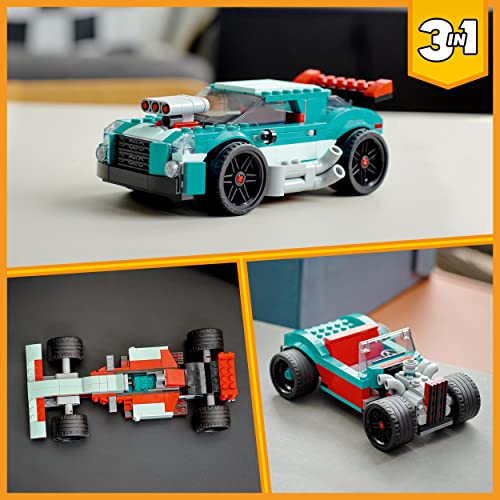 LEGO 31127 Creator 3-in-1 Straßenflitzer: Rennwagen, Muscle Car und Hot Rod, Modellauto Bausatz, Spielzeugauto Geschenkideen für Jungen und Mädchen