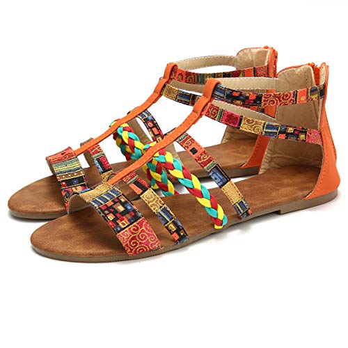 Camfosy Damen Flach Römische Sandalen,Frauen Böhmen Mehrfarbig Webmuster Sommerschuhe Freizeit Urlaub rutschfest Gemütlich Reißverschluss Riemchensandalen - Blau Orange Rot