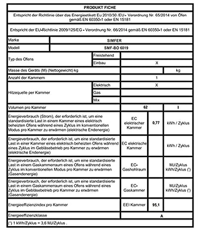 Simfer Einbau-Backofen 60 cm BO 6019, 62 L, 3 Funktionen, Backraumbeleuchtung, 2-fach Verglasung, Emaillierter Garraum, Kühlgebläse, 2 Jahre Garantie